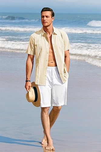 Miniatura 4 de Runcati Camisas guayabera de manga corta para hombre, de lino y algodón, con botones, bordadas mexicanas, camisa de boda cubana para verano y playa