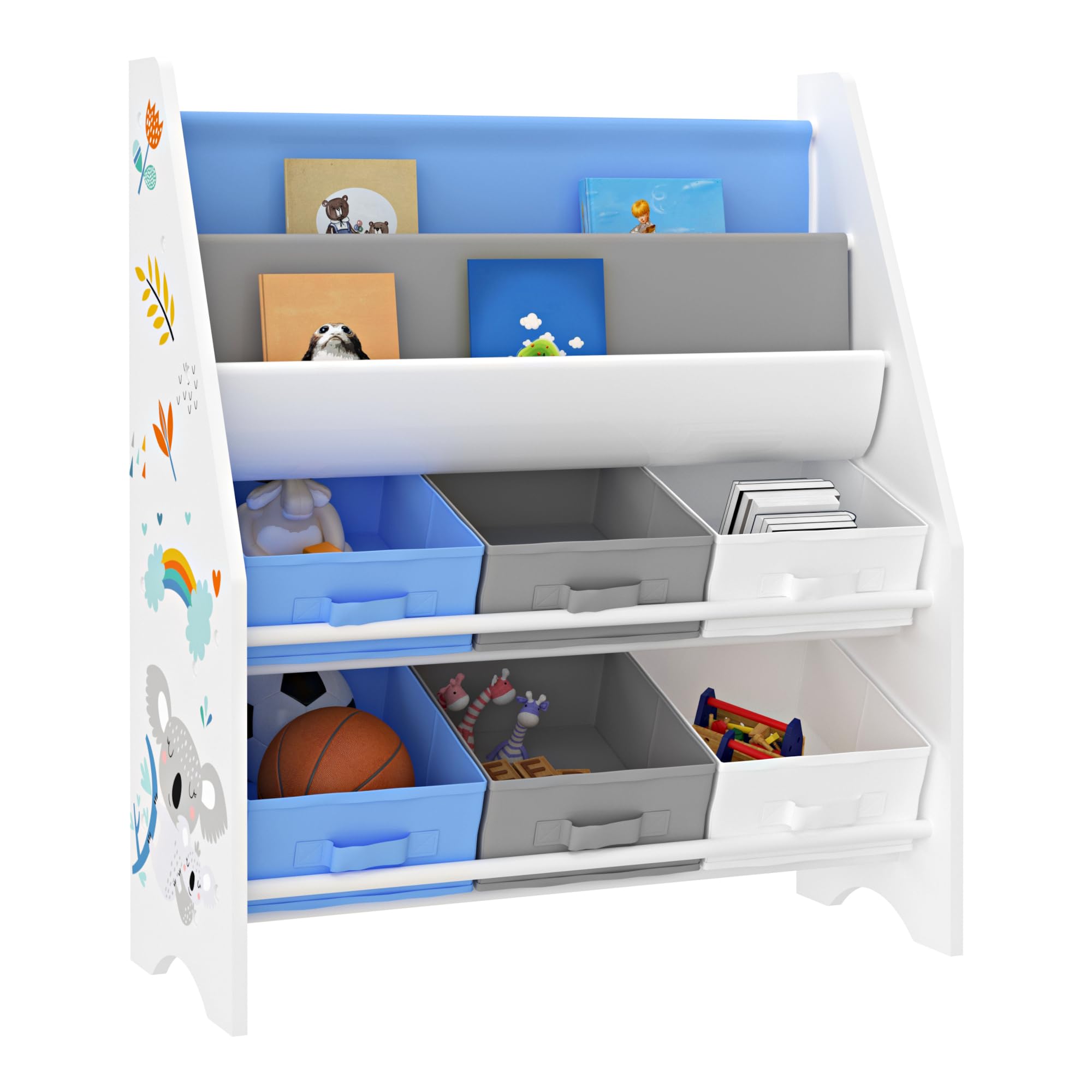 [en.casa] Scaffale per Cameretta con Contenitori Morbidi per Libri e 6 Cassetti Pieghevoli (AxLxP) 74 x 62 x 26,5 cm Mobile a Misura di Bimbi - Decorazione Koala - Blu/Bianco
