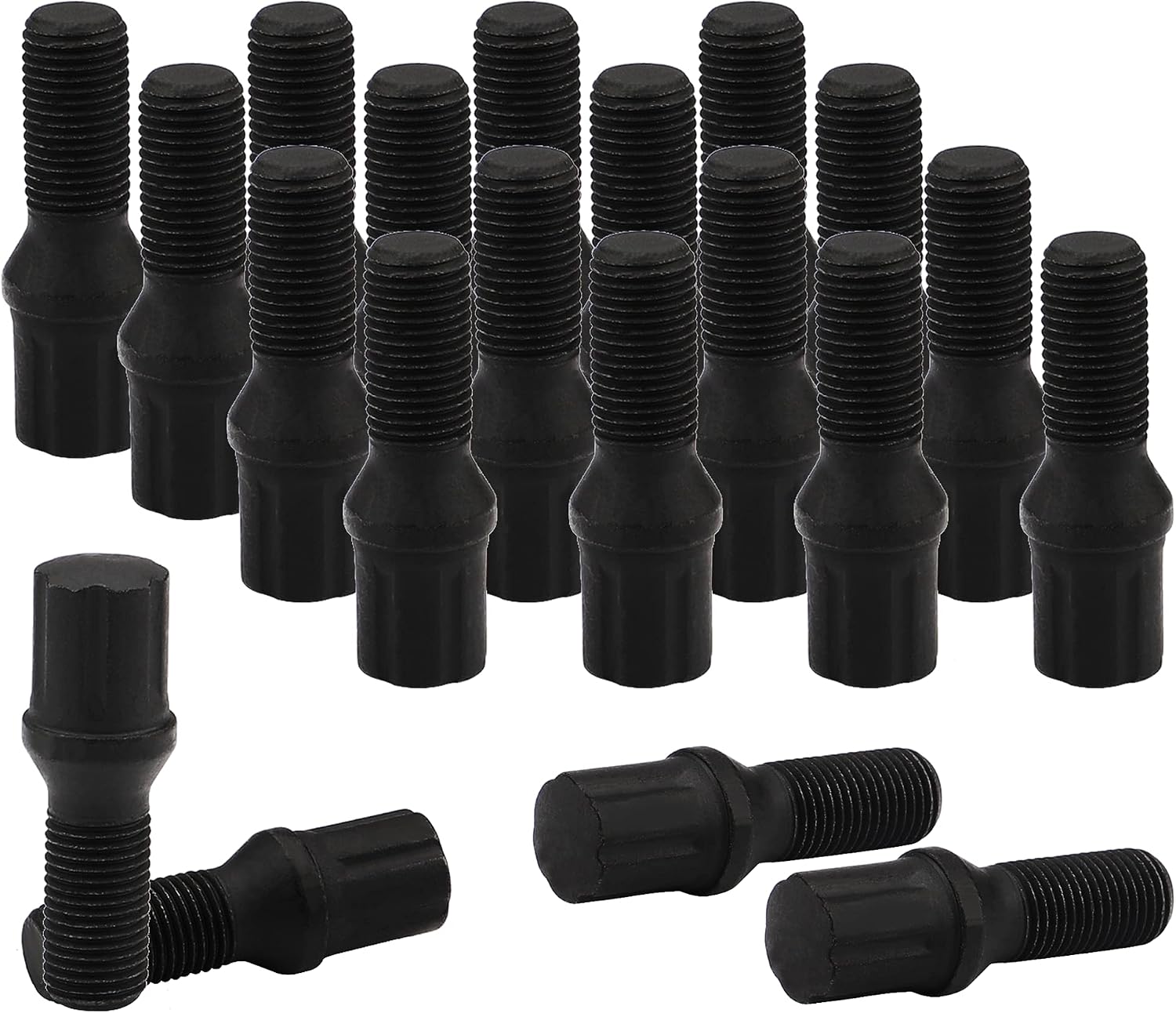 Richeer 20 PCS Black 14x1.5 Spline Tuner Wheel Lug Bolts for Wheel Spacers, 28mm Shank Length 58mm Overall Length Solid Studs Set, 60 Conical Seat
