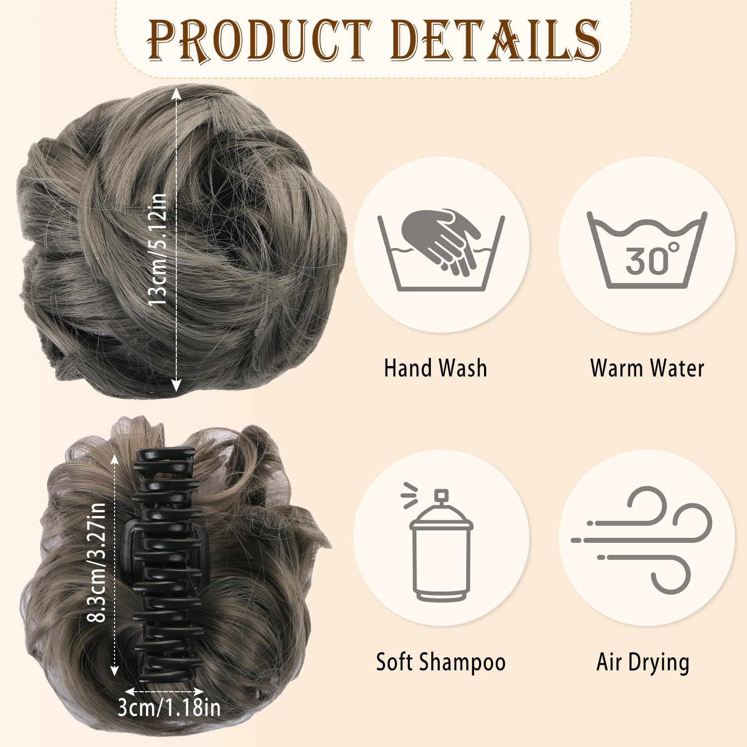UHOMENY hair clip with hair clip messy bun large bun curly hair bun curly hair synthetic hair curly hair accessories for women grey and white - Image 2