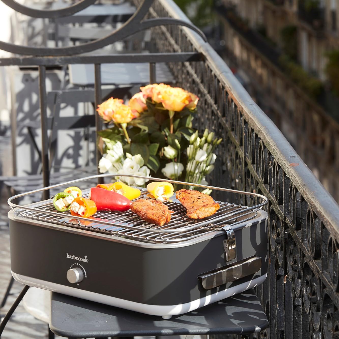 Barbecook elektrischer Tischgrill E-Carlo mit Tragetasche geeignet für Balkon als Outdoor Camping-Grill, spülmaschinen-fest, Midnight Grey 42.5x33x16.5cm