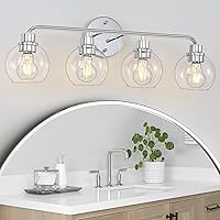 Vista 15 de Lámparas de baño doradas para tocador, 3 luces, apliques de pared, luces de latón cepillado con pantallas de vidrio globo transparente, lámpara