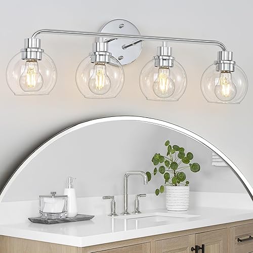 Miniatura 7 de Lámparas de baño doradas para tocador, 3 luces, apliques de pared, luces de latón cepillado con pantallas de vidrio transparente, lámpara de pared