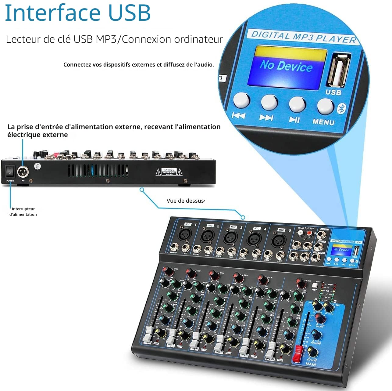 Depusheng HT7 Table de mixage audio portable Bluetooth avec console de mixage de son DJ USB Cartes de mixage de bandes à 7 canaux Prise MP3 Alimentation 48V