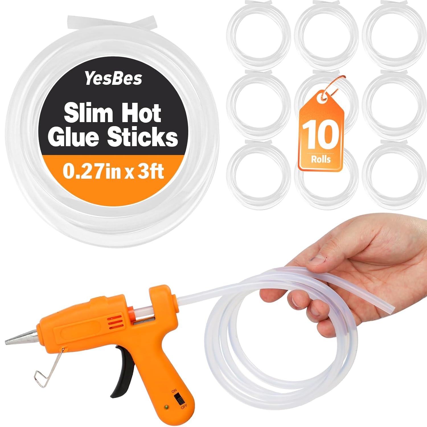 10 Pack Long Mini Hot Glue Stick Rolls, 3 FT Long x 0.27" Diameter Glue Sticks for Glue Gun, Perfect Fit for Mini Glue Guns, Widely Used in Wood, Metal, Glass, Plastic, Floral, Fabric, and More 10 Rolls