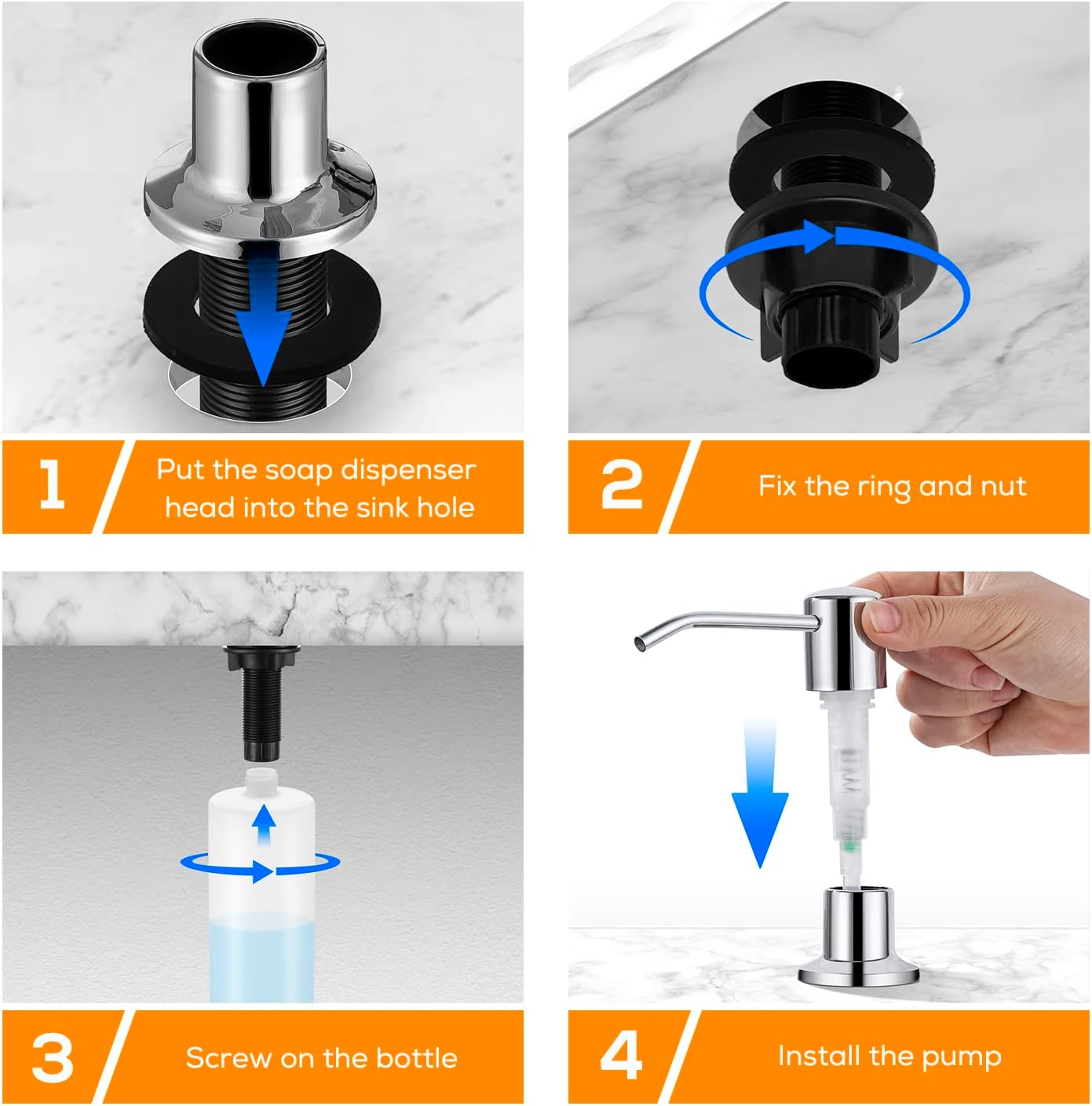 Built in Soap Dispenser for Kitchen Sink Chrome Stainless Steel Pump Head, Counter Soap Dispenser Refill from Top with 17 Ounce PE Bottle