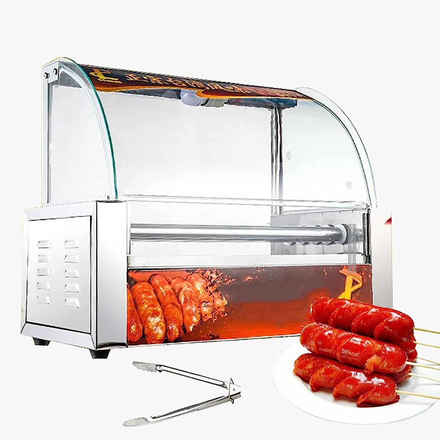 ERoomQ Sausage Grill Cooker Machine w/5 Stainless Steel Rollers,16 Hot Dog Max,Removable Stainless Steel Drip Tray,Glass Hood Cover&LED Lights