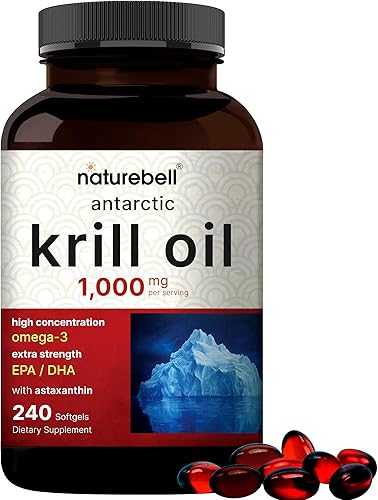 NatureBell Suplemento de aceite de krill antártico de 1000 mg, 240 cápsulas blandas, fuente natural de omega-3, EPA, DHA y astaxantina, sin regusto,
