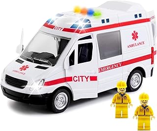 Ambulance Toy Car & 2 Toy Figures with Light & Siren Sound Effects - Friction Powered Wheels & LED Lights - Heavy Duty Plastic Rescue Vehicle Toy for Kids & Children by Toy To Enjoy