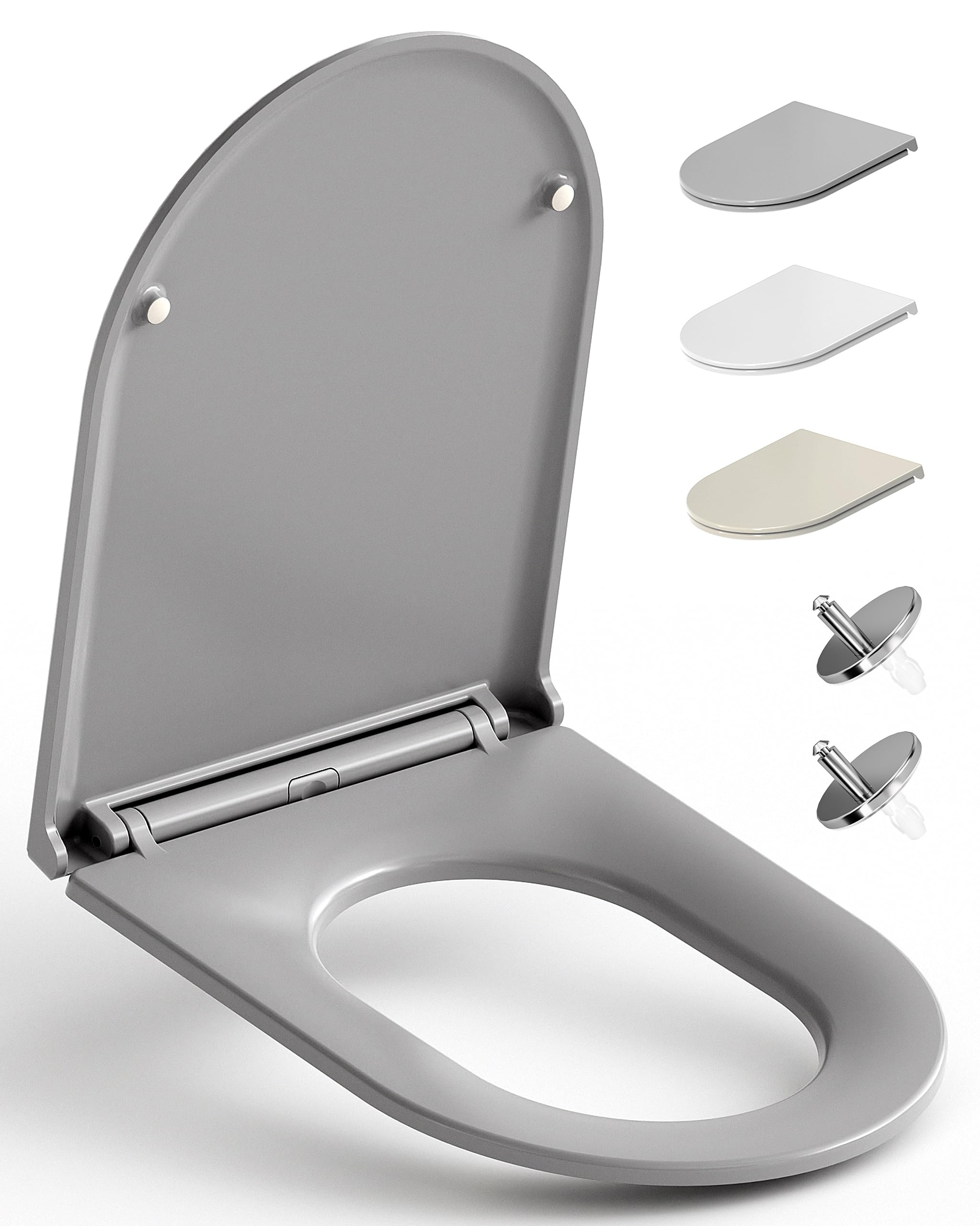 HySail Tapa WC Universal Con Cierre Amortiguado – Ecológica, Resistente a la Decoloración, Con Liberación Rápida Para una Limpieza Fácil (Gris, Forma en D Alargada)