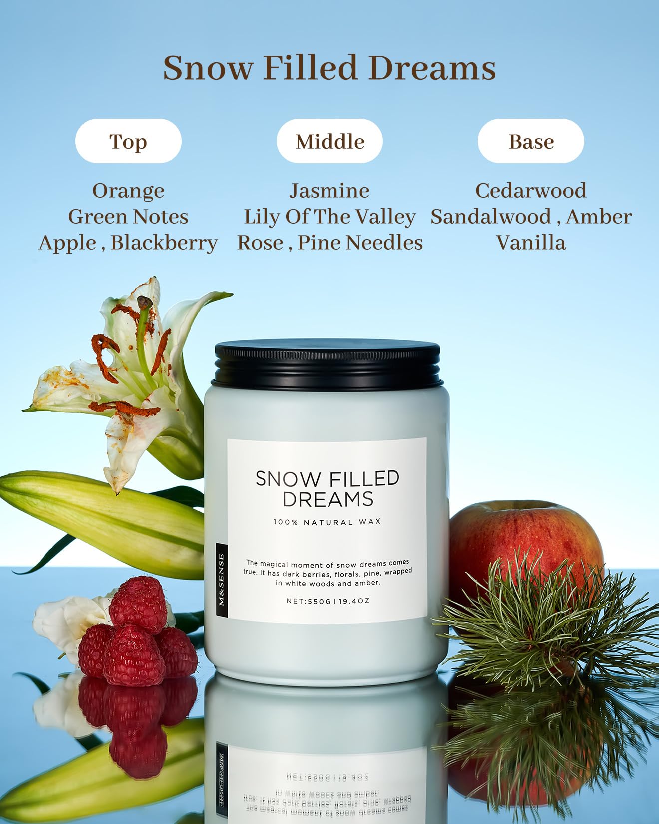 M&SENSE Candele profumate alle bacche nere e al pino, Candela a 2 stoppini in barattolo al mirto e pino da 550 g. Durata 110 ore. Candela di aromaterapia naturale organica