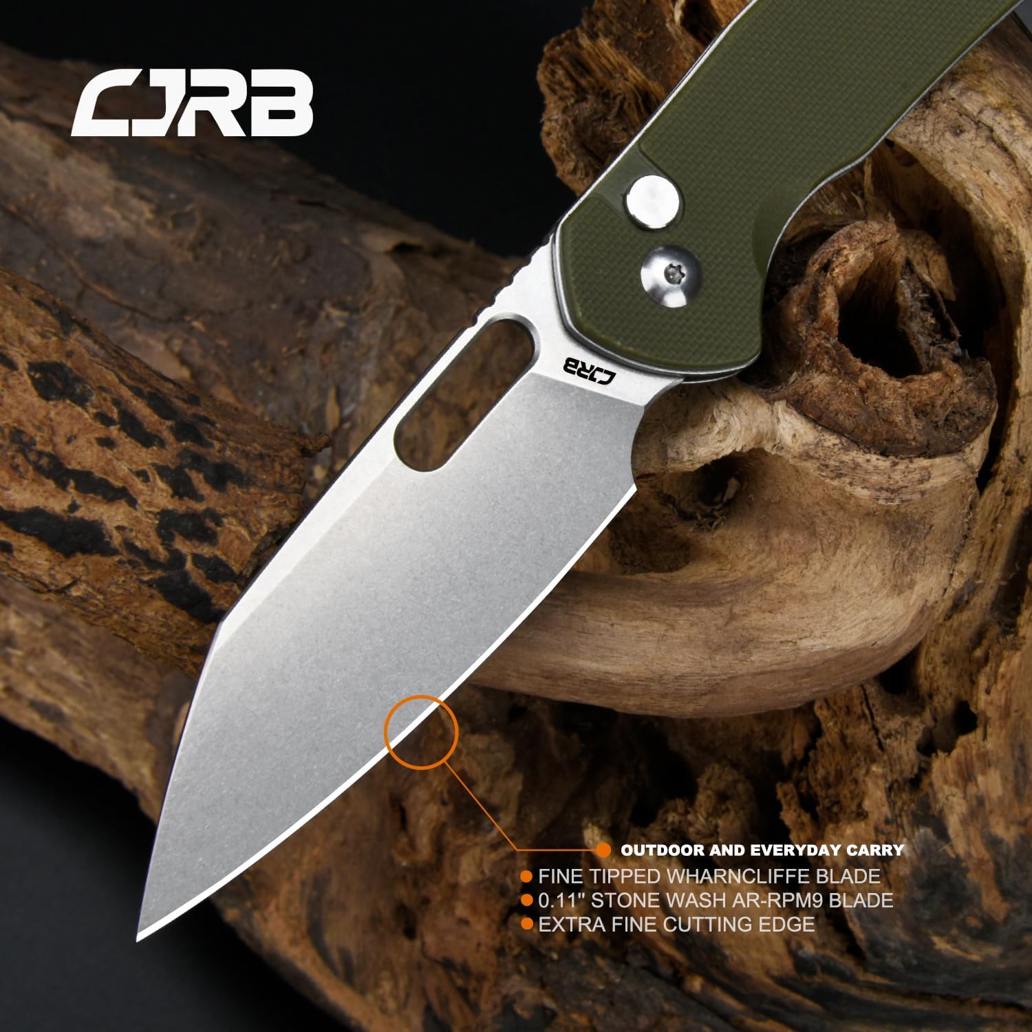 CJRB Pyrite-Alt (J1925A) Folding Pocket Knife, 3.11" Stonewash AR-RPM9 Steel Blade, Green G10 Handle, Manual Thumb Hole Open, Button Lock EDC Knife for Outdoor Hiking