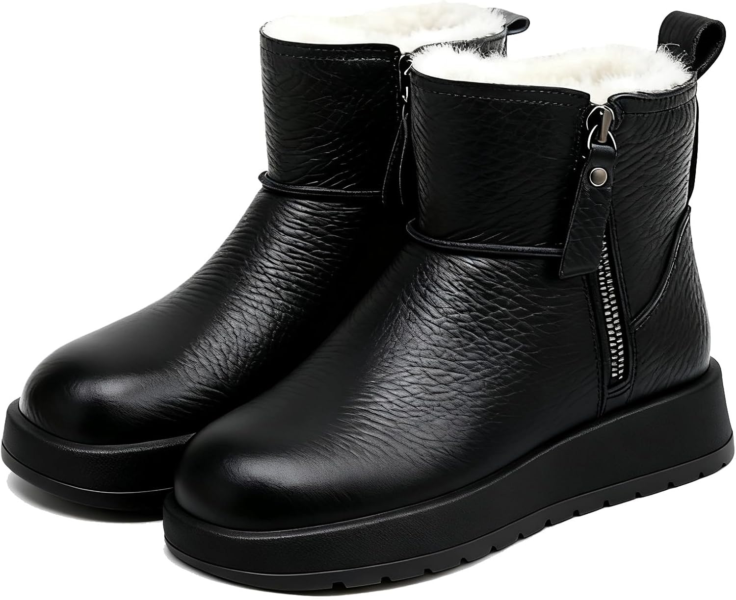 Women’s Warm Fur Lined Two Side Zip Platform Winter Ankle Boot Fashion Leather Comfort Round Toe Non-Slip Outdoor Snow Short Boots