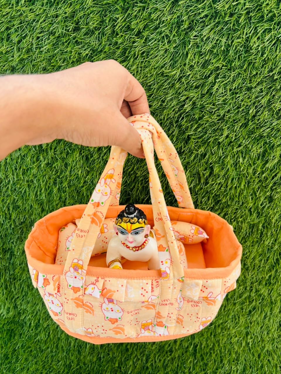 Laddu Gopal Travel Bag with Soft Bedding & Pillow | Portable Cotton Carry Basket for Kanha Ji Idol | Washable & Lightweight Travel Bed | Random Print & Colours-image-37