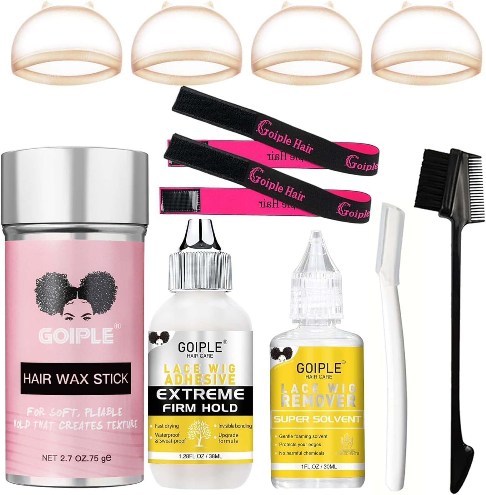 Lace Wig Glue Kit Lace Front Glue Kit for Wigs, Strong Hold Adhesive for Wigs and Hair Systems Invisible Bonding, Adhesive, Wig Remover, Hair Wax Stick, Edge Band, Razor & HD Wig Cap