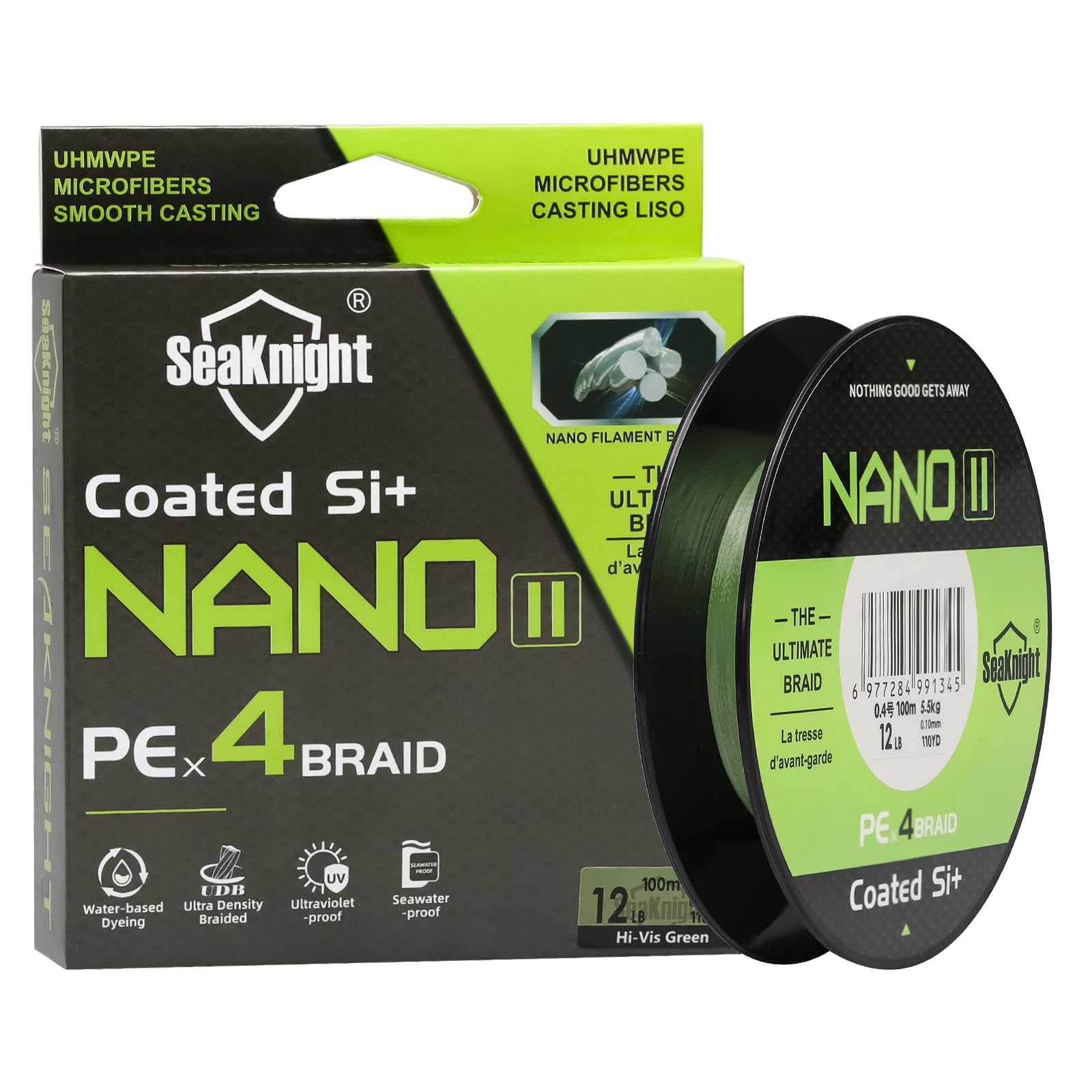 Seaknight NANO II 4 Strands Braided Lines 100M Smooth PE Braid Multifilament Wire Carp Fishing Lines Double Coating UV-proof Saltwater-proof Fishing Line for Sea Fishing Ultralight 7-15LB