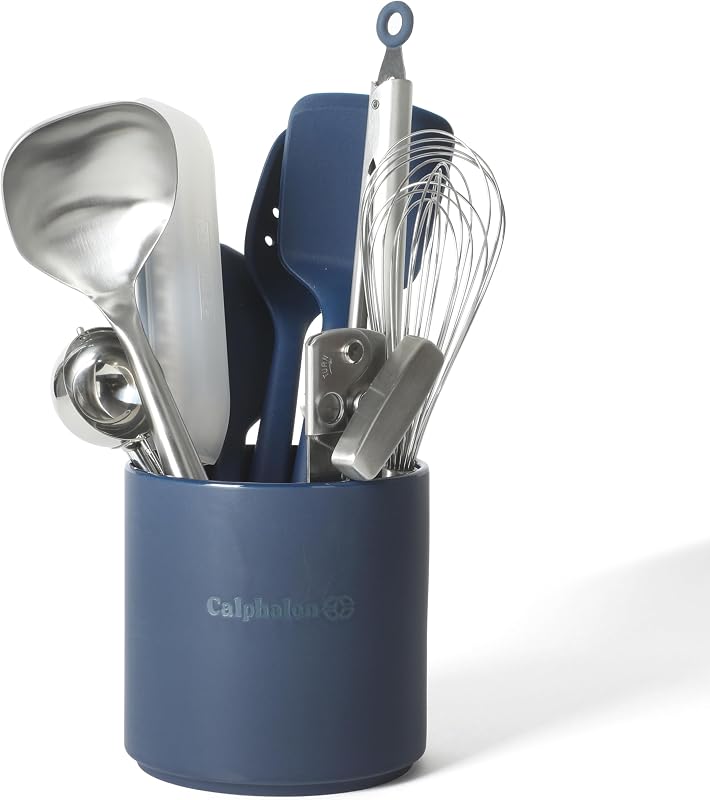 Edge Juego de utensilios de cocina de 10 piezas con vasija, herramientas de cocina de acero inoxidable y silicona, utensilios antiadherentes con asas cómodas, azul marino