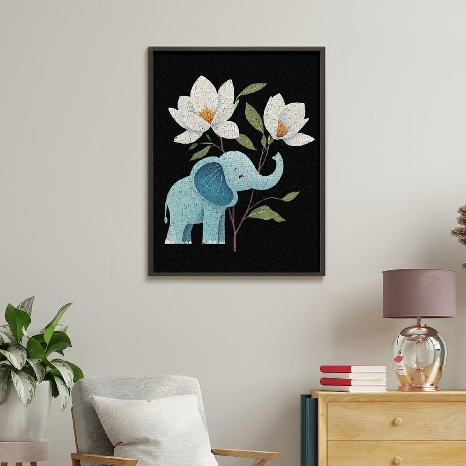 Lustiges Malen nach Zahlen für Erwachsene, Motiv: Elefant, Magnol, Blumen, vertikal, Baumwolle, digitales Ölgemälde, Heimdekoration, Geschenk, 65 x 50 cm