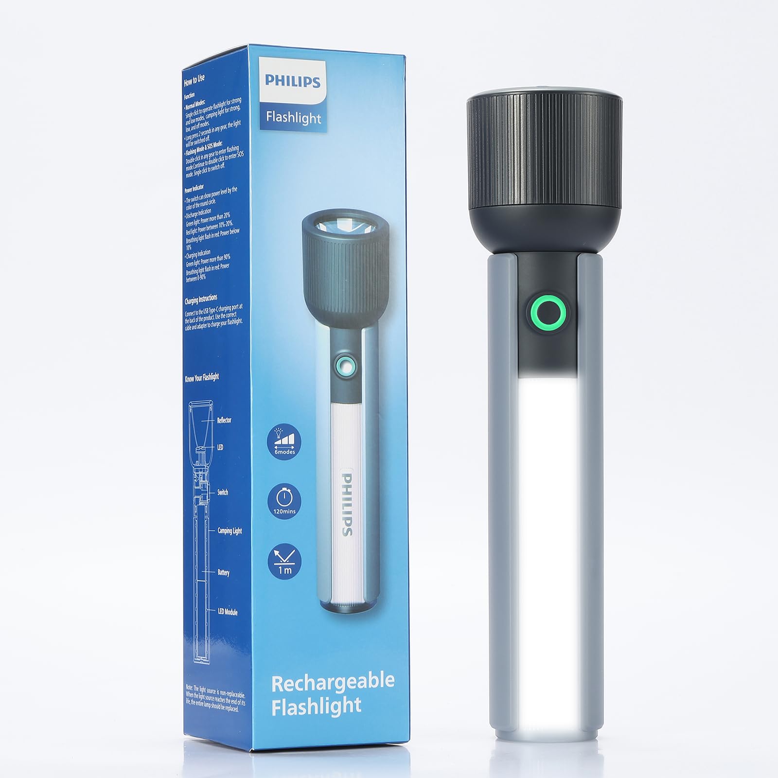 Philips Portable Torch Light with Camping Light, 400LM LED Flashlight Rechargeable, 6 Lighting Mode, 150M Coverage, Anti-Drop Handheld Flash light for Indoor, Outdoor, Camping, Hiking, Emergency Light