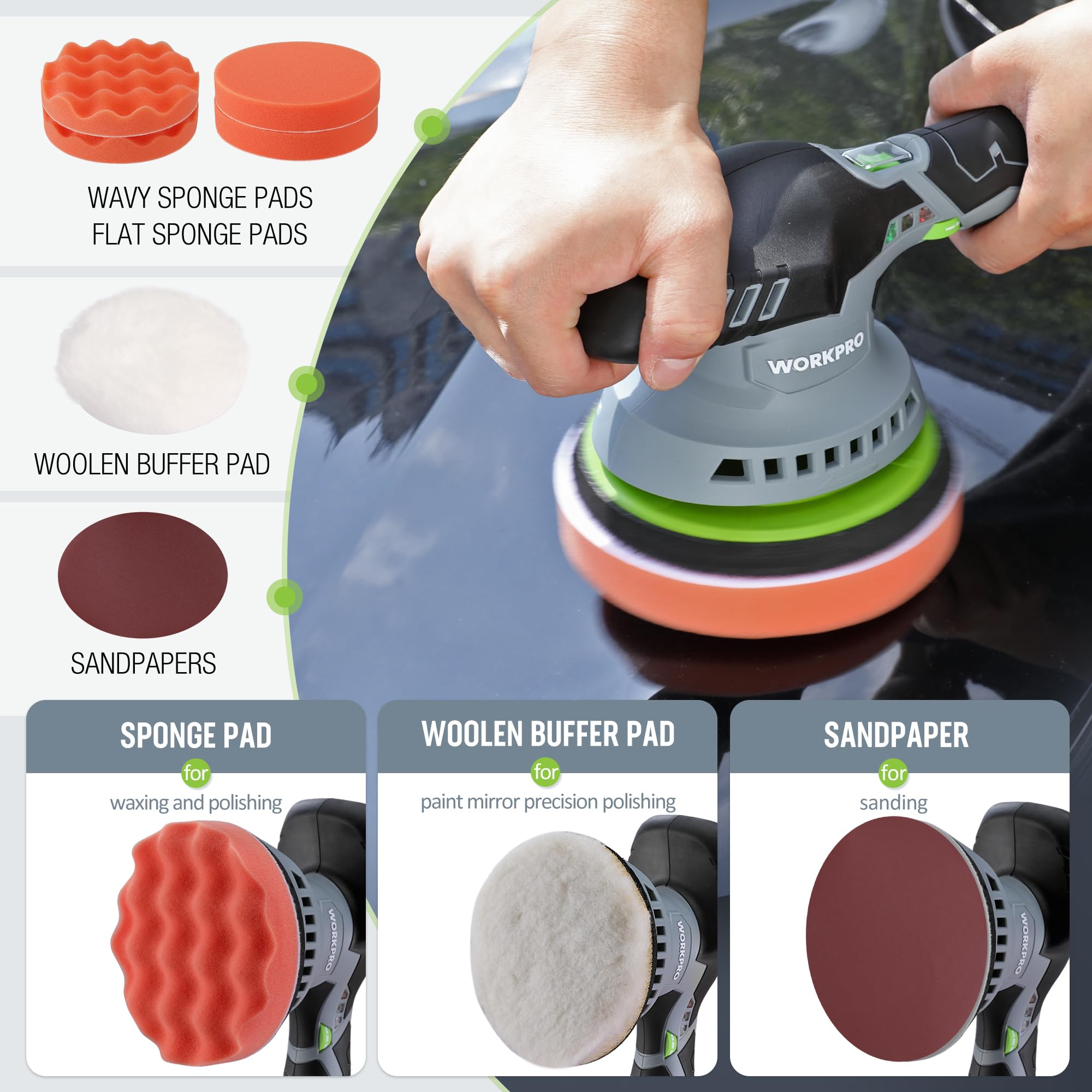 WORKPRO Polisseuse sans Fil 12V 150mm, Kit de Polisseuse Excentrique | 2 Batteries 2,0Ah, 2800-5500 tr/min, Charge Rapide 1 Heure, Sac à Outils, 23 Accessoires, Pour Voiture