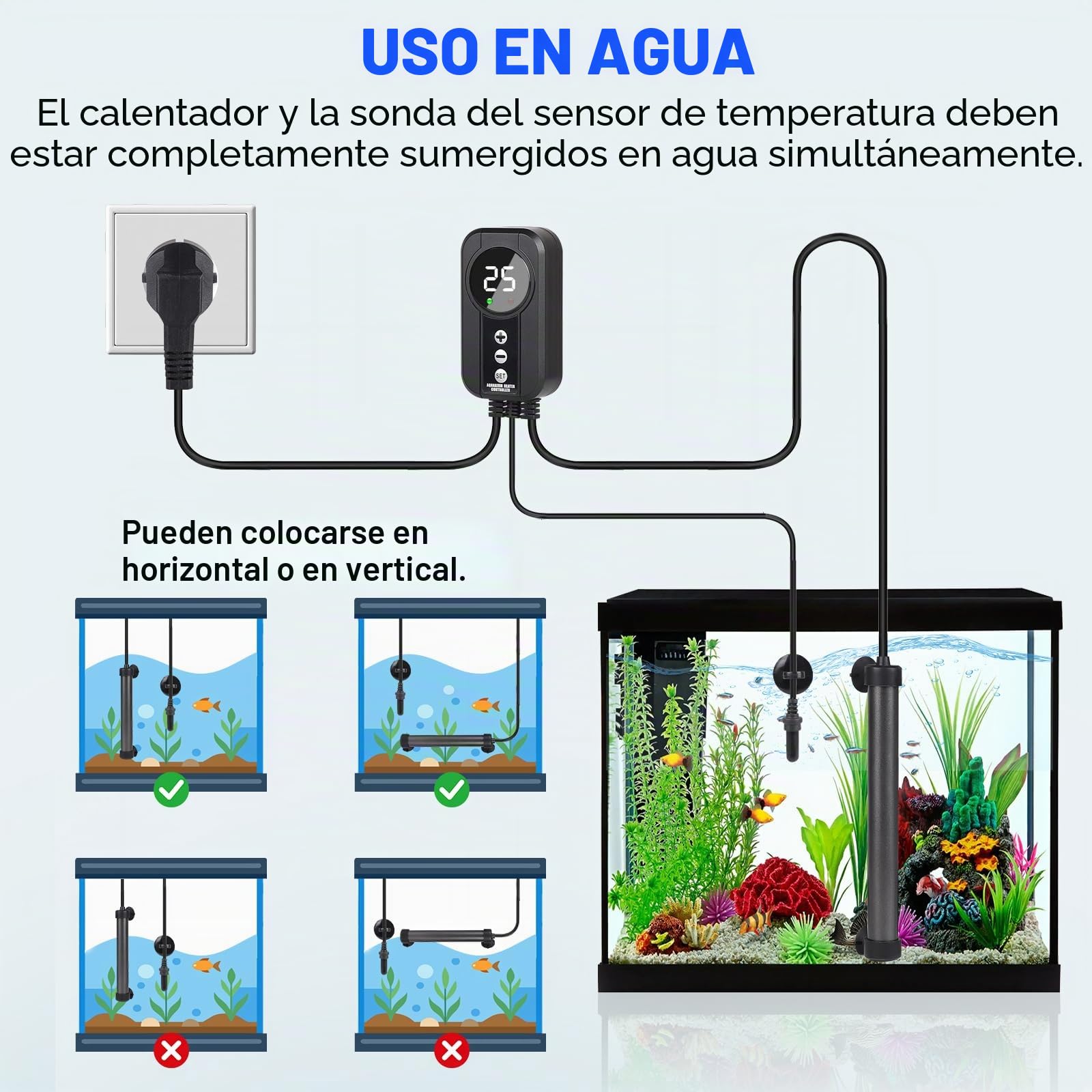 EXLECO Calentador Acuario Tubular de Titanio de 300 W con Controlador de Pantalla LED y Sensor de Temperatura, Calentador de Acuario de Temperatura Ajustable, Adecuado para Peceras de 100-120 L