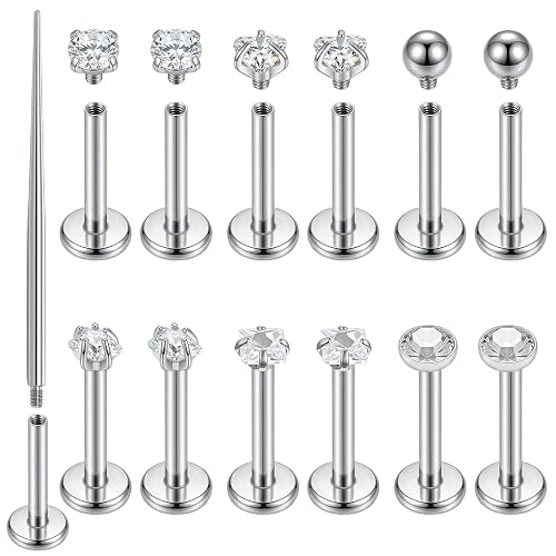 Josojoou 6Pairs 16G Forward Helix Earrings with a Guiding Needle, Tragus Piercing, Sliver Forward Helix Jewelry with Zirconia, for Earlobe, Ear Bone (8mm)