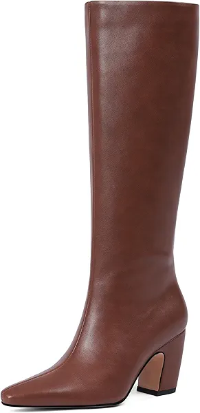 Women's Knee High Boots, Comfortable Square Toe Faux Leather Boot Fashion Long Tall Boots for Riding Wide Calf Chunky High Heeled Dress/Casual Boot