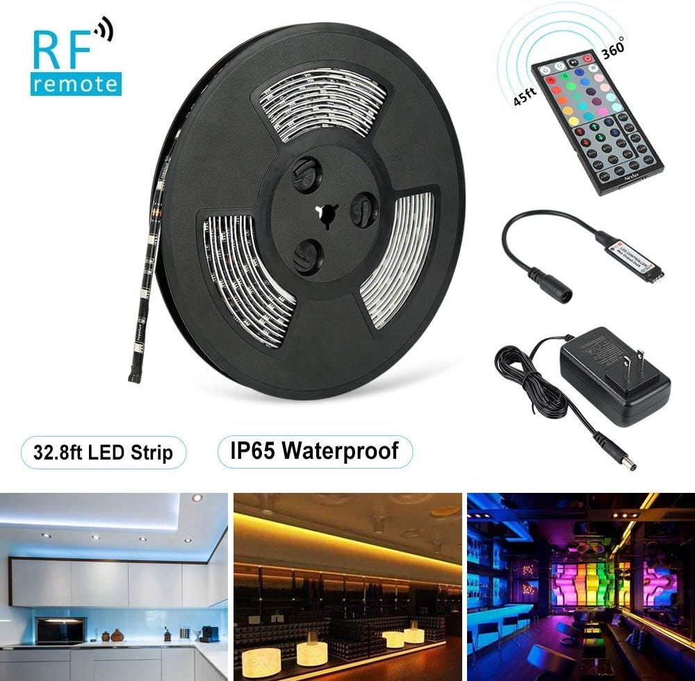 Nexlux LED Strip Lights, 32.8ft Waterproof IP65 5050 SMD RGB LED Flexible Strip Light Black PCB Board Color Changing Decoration Lighting 44 Key RF Controller+ UL Approved Power Adapter