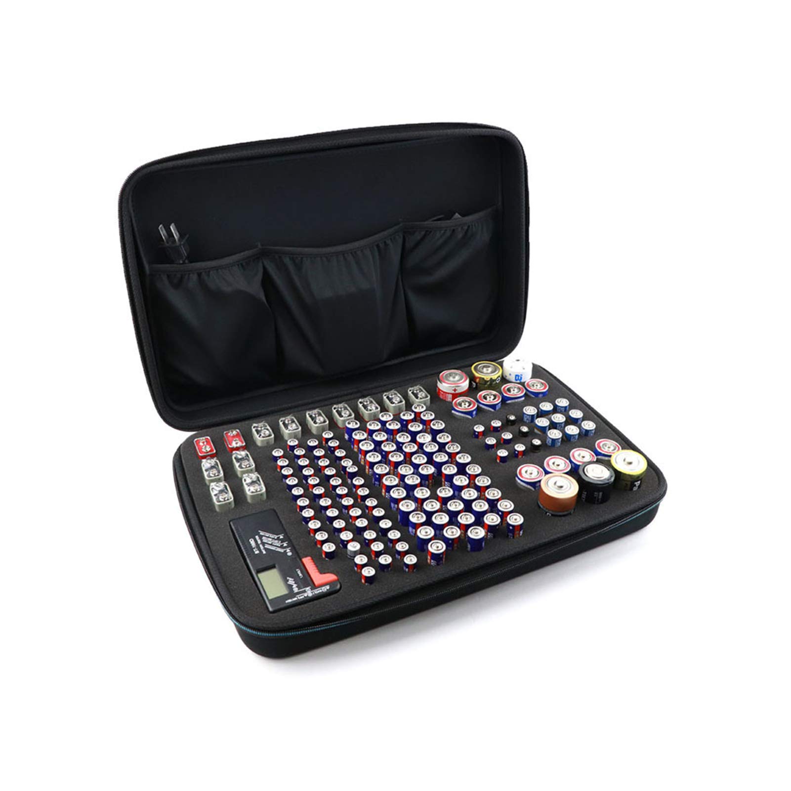Stoßfeste Aufbewahrungsbox für 146 Batterien (AA AAA C D 9 V) mit Netztaschen für Ladegeräte, tragbare Organizer-Box für Zuhause, Reisen und den professionellen Gebrauch