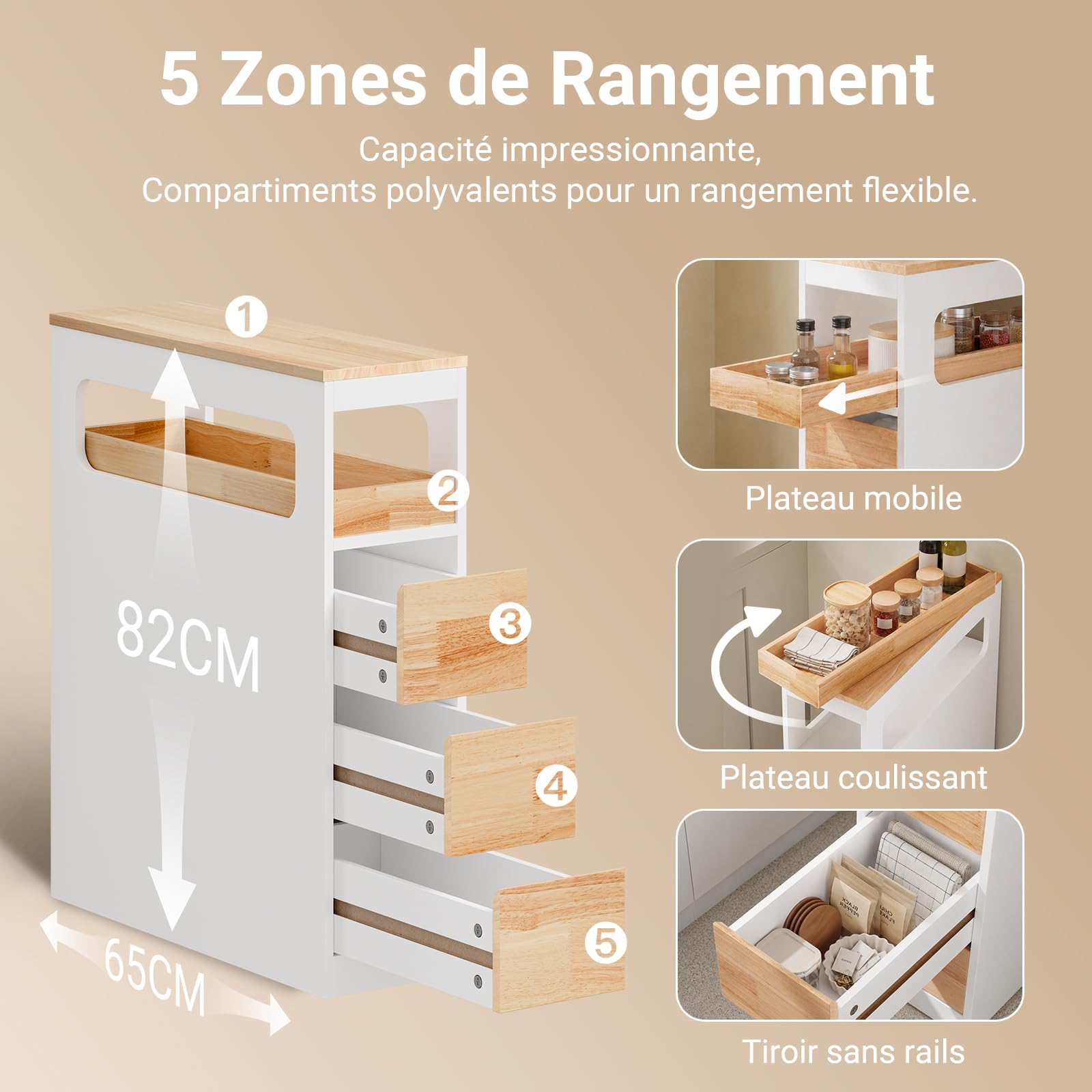 SoBuy Chariot de Rangement Cuisine Fin à 4 Niveaux, Meuble Bas de Cuisine Desserte à roulettes Tour de Rangement Étroit Gain de Place, Blanc et Bois 65x23x82cm BZR54-III-WN