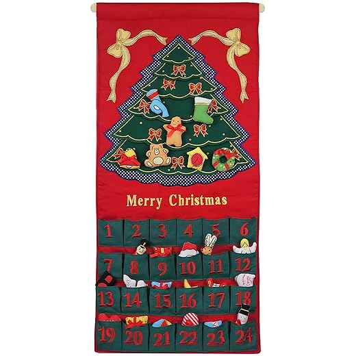 Merry Christmas Green Tree Advent Calendar by Pockets of Learning | Festive Holiday Décor, Seasonal Fabric Wall Hanging | Cloth Christmas Countdown w/ 24 Stuffed Cloth Ornaments