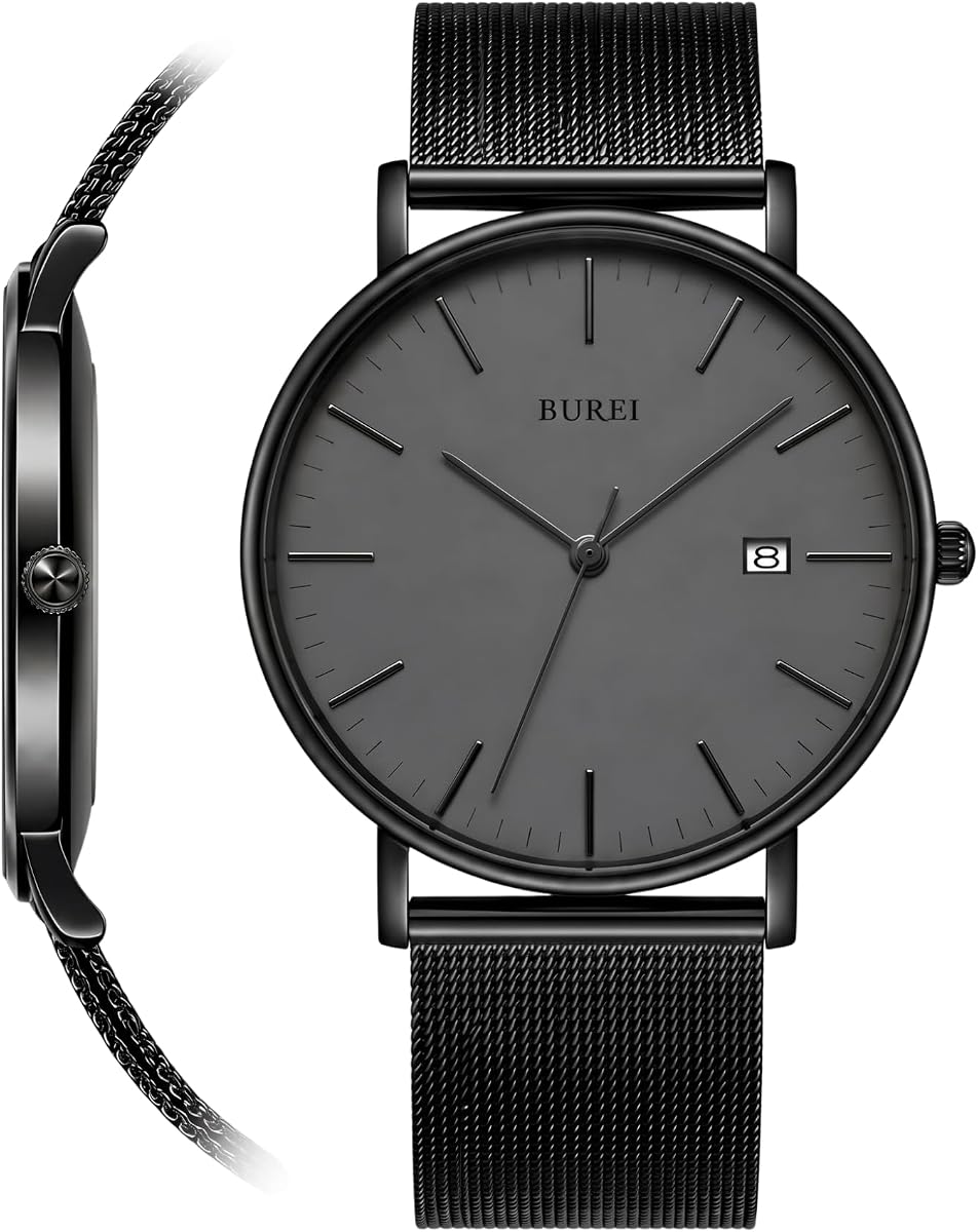 BUREI Reloj Minimalista Ultradelgado para Hombres, Banda de Malla de Acero Inoxidable Negra, Reloj de Pulsera analógico Informal Impermeable para Negocios, Regalo para Padre