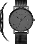 BUREI Ultra Thin Minimalist Men Watch,Analog Waterproof Casual Business Wristwatch，Brown Black Leather Watches