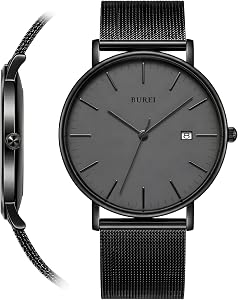 BUREI Ultra Thin Minimalist Men Watch,Analog Waterproof Casual Business Wristwatch，Brown Black Leather Watches