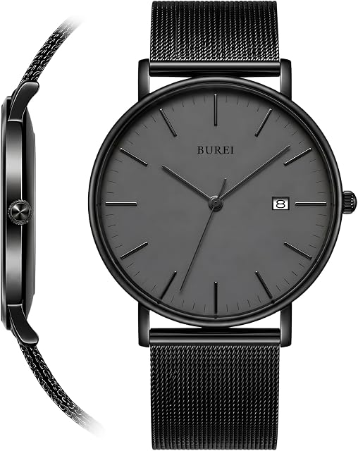 BUREI Ultra Men montre mince minimaliste,Analog imperméable Casual Business Wristwatch,Brown noir en cuir montres