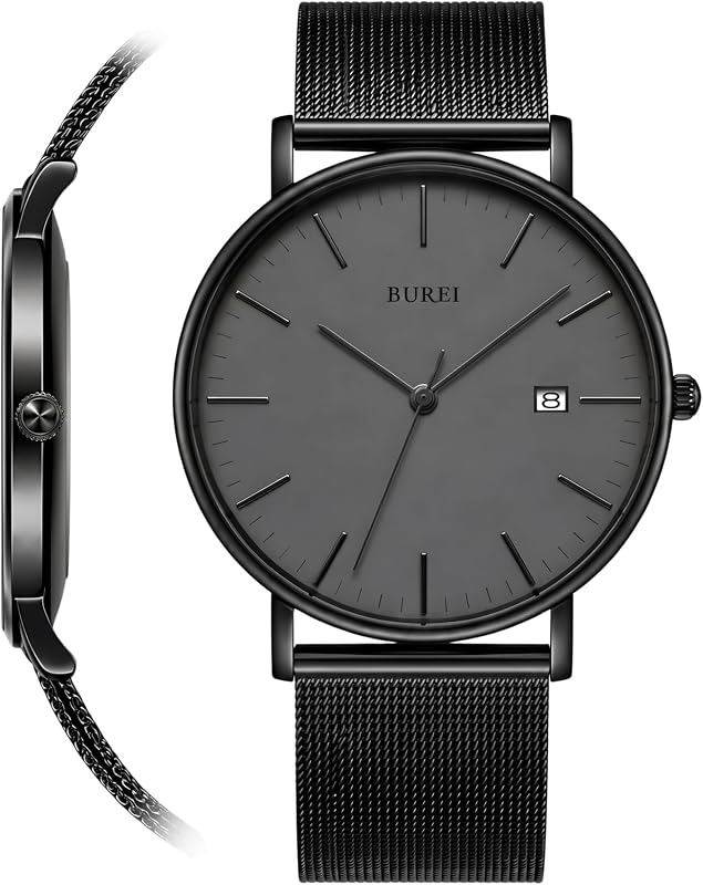 BUREI Reloj Minimalista Ultradelgado para Hombres, Banda de Malla de Acero Inoxidable Negra, Reloj de Pulsera analógico Informal Impermeable para Negocios, Regalo para Padre