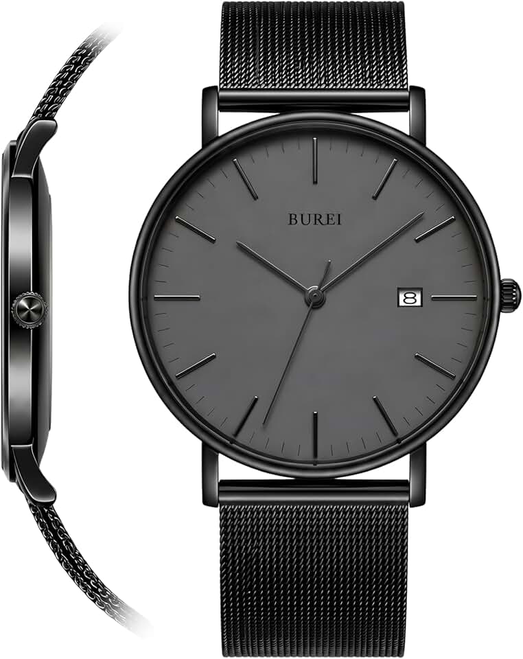 BUREI Ultra Thin Minimalist Men Watch, All Black Stainless Steel Mesh Band,Analog Waterproof Casual Business Wristwatch, Gift for Father