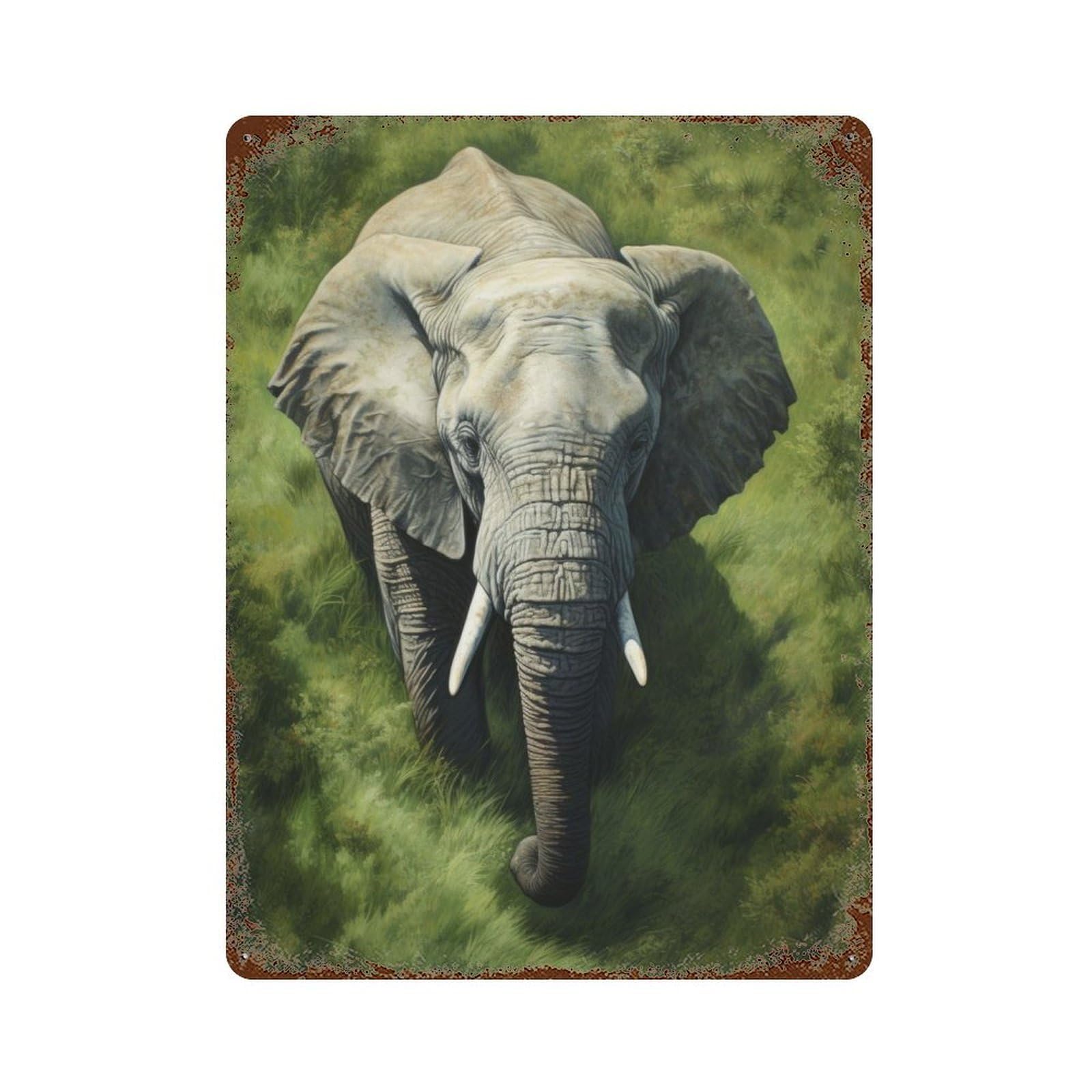 Elephant in Grass 15.7"x11.8" Vintage Rust Metal Sign, Shabby Chic Decor for Garage, Bar And Workshop Decor