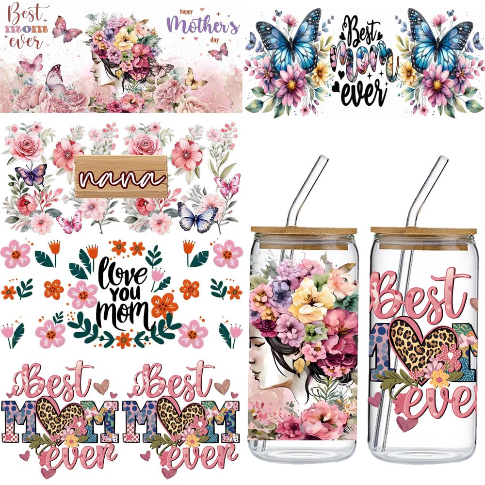Mother’s Day UV DTF Cups Wraps - 5 Sheets Best Mom Ever Uvdtf Rub on Transfer Decals Colorful Flower Butterfly UV DTF Cups Wrap Stickers Mama Coffee