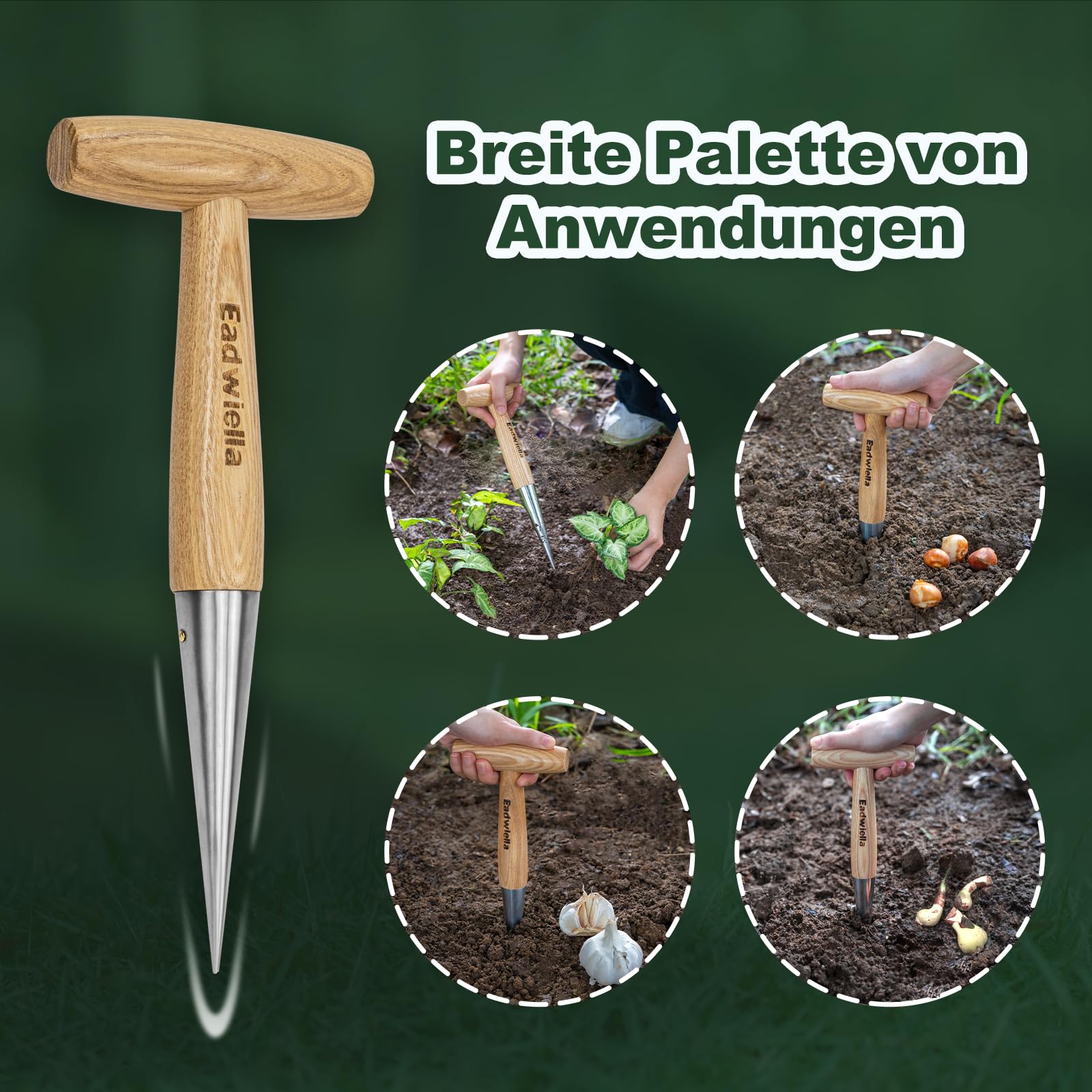 Fioriera di bulbi, bastoncino per piantare in acciaio inox con manico in legno, piantagione di cipolle, attrezzi da giardino (lunghezza totale: 27 cm)