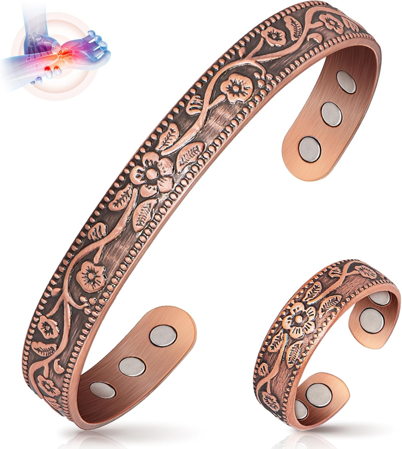 Copper Bracelet for Women, Magnetic Bracelets & Magnetic Thumb Rings with 3500 Gauss Magnets, 99.9% Solid Pure Copper Jewelry Gift with Box