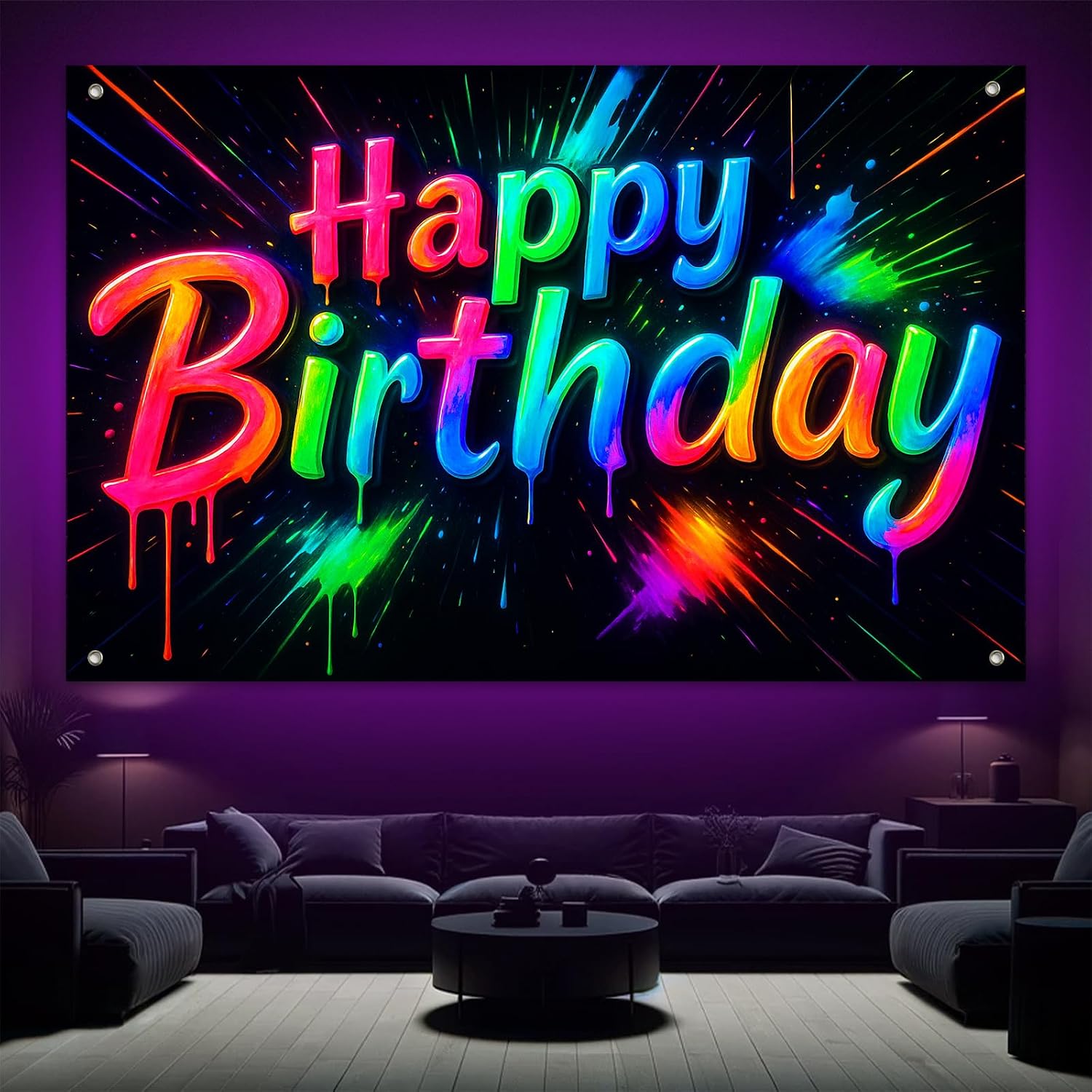 BlissYard Neon Happy Birthday Banner 71x43 Inch Glow In The Dark Party Backdrop Colorful Paint Splatter Graffiti Luminous Birthday Party Supplies Photo Background Decoration Banners image 4