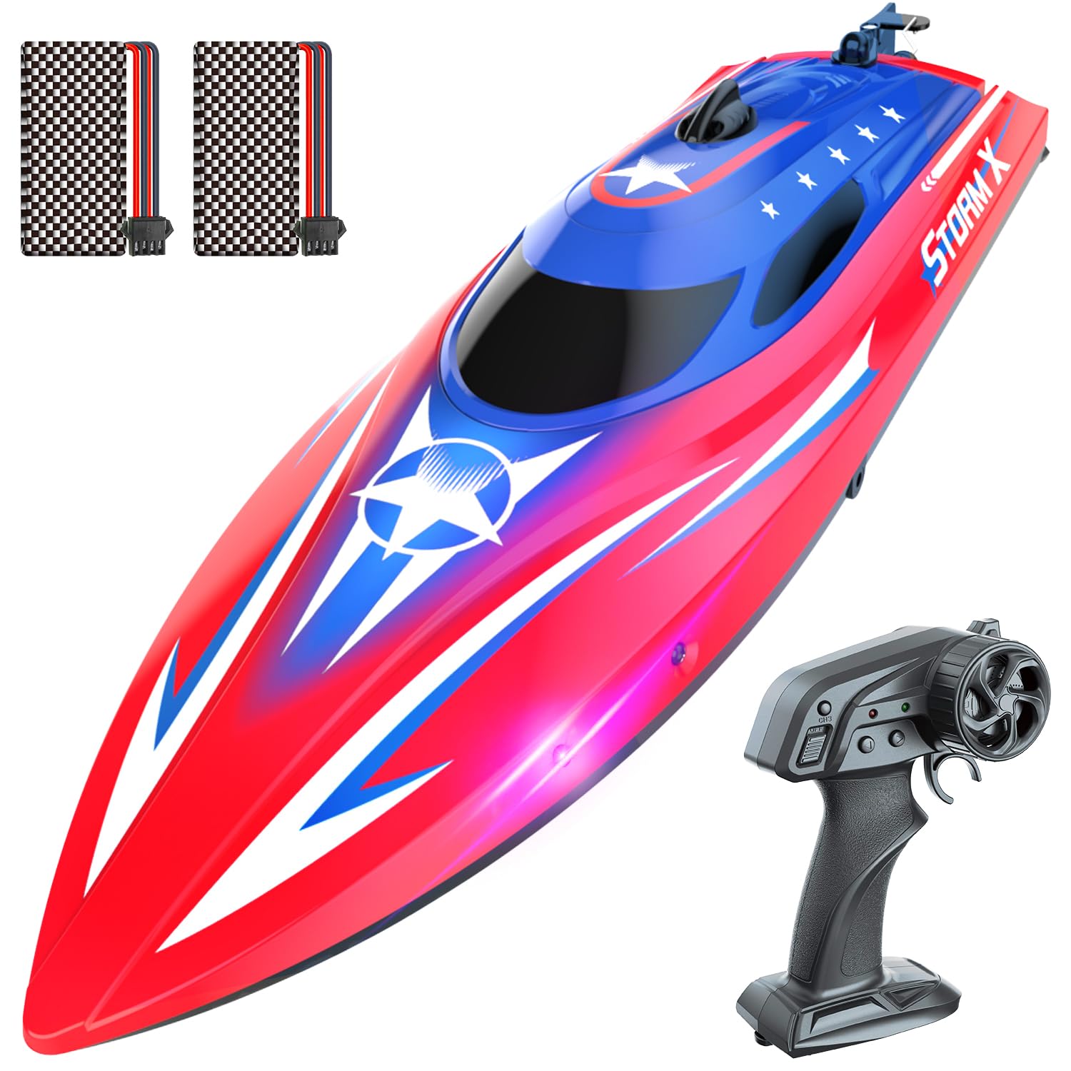 Remote Control Boat with Full Proportional Control for Kids & Adults, 20MPH+ High-Speed Waterproof RC Boat, 30 Mins+ Play Time with 2 Rechargeable Batteries, 2.4GHz Racing Boats Toy for Pool & Lake