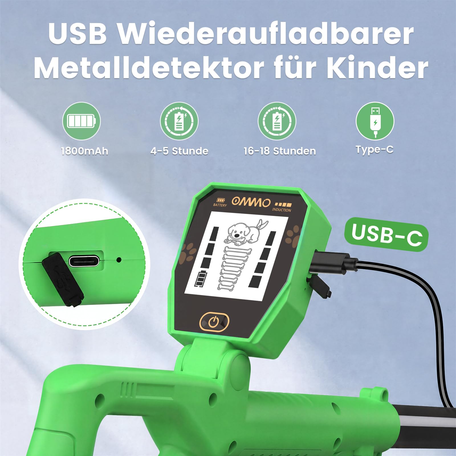 OMMO Détecteur de Métaux Enfants, Rechargeable Detecteur de Metaux, Vert