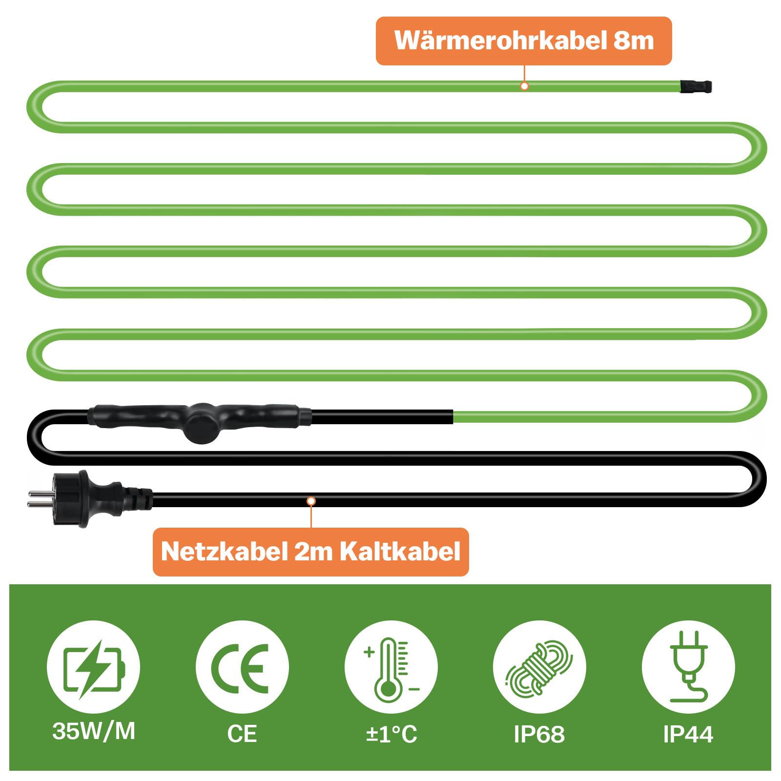 Câble chauffant autorégulateur, 8 m, antigel, avec thermostat intégré pour protéger les tuyaux d'eau, idéal pour les plantes, étanche avec fiche de contact de protection 35 W/m, 230 V, IP68