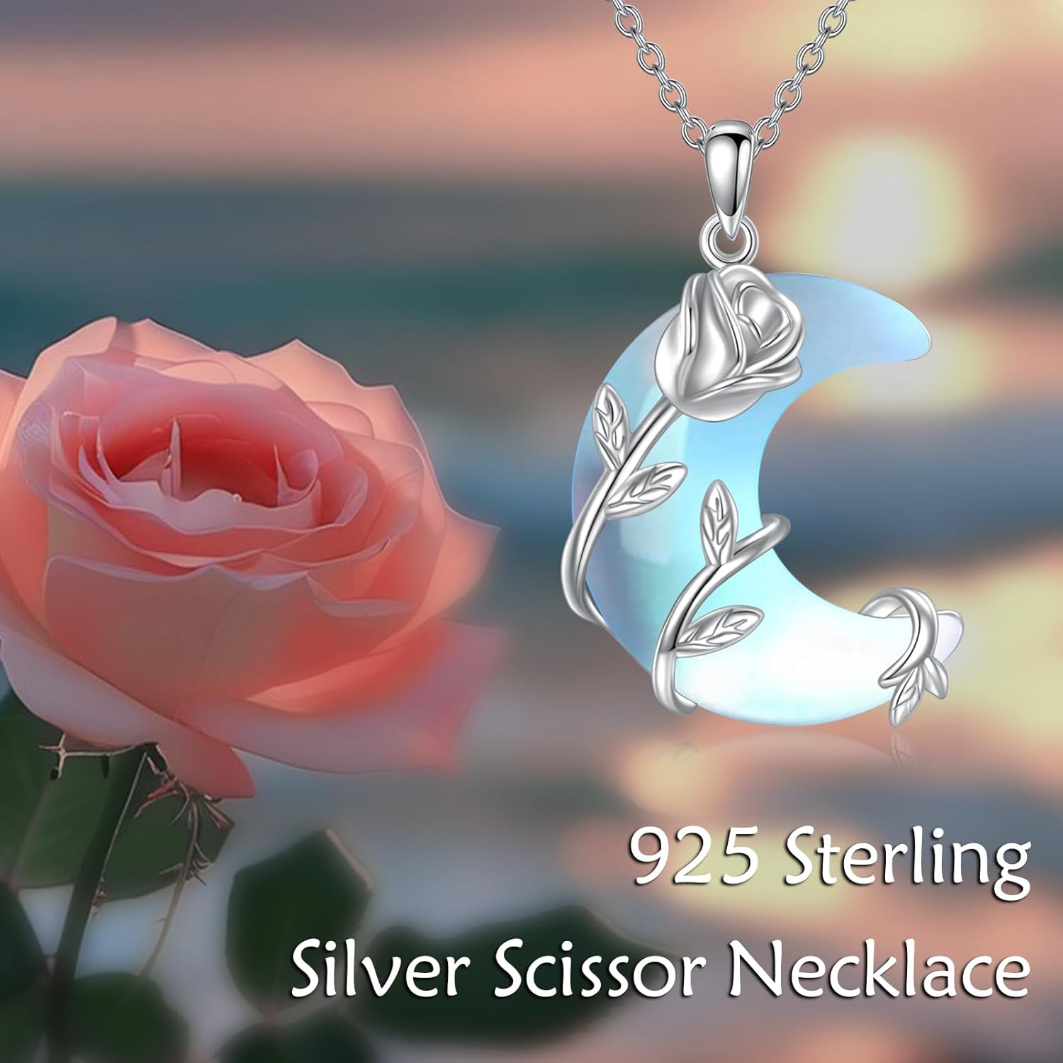 KQF Moon Moonstone Necklace for Women Sterling Silver Rose Flower Crescent Moon Pendant Necklace Moonstone Rose Jewelry Gifts for Women - Image 5