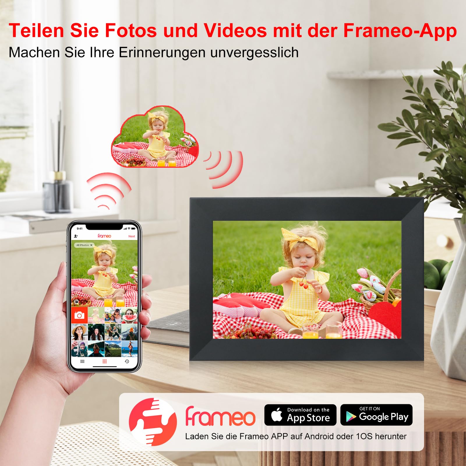Frameo - Cadre photo numérique WiFi - 10,1" - Écran tactile IPS HD 1920 x 1200 cm - Avec 16 Go de mémoire - Partagez instantanément des photos de n'importe où via Frameo - Noir