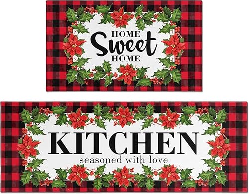 Alfombras y tapetes de cocina de Navidad, alfombras y tapetes de Navidad a cuadros de búfalo rojo, antideslizantes, lavables, tapetes navideños de