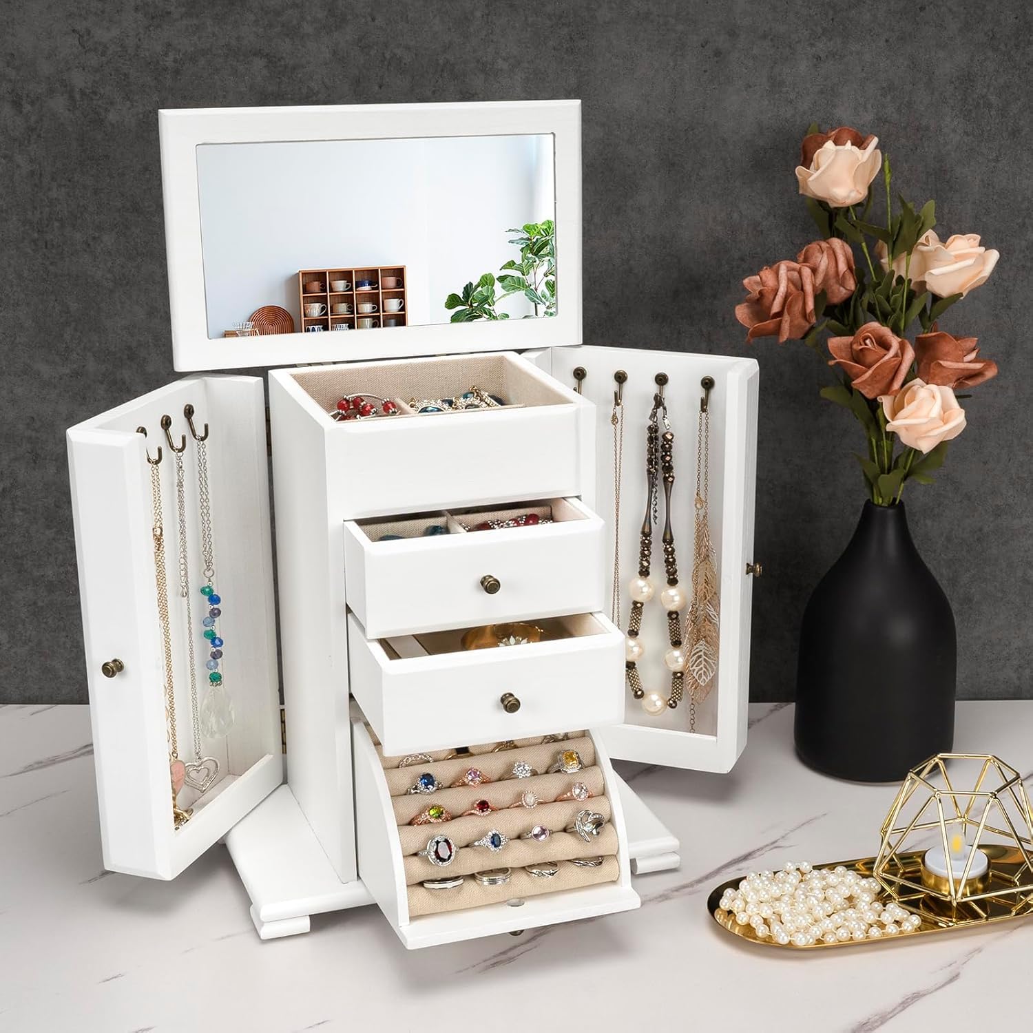 Joyero de mujer, caja joyero con 4 capas y 1 espejo, joyero grande de madera para dormitorio, collar, anillo, pendientes, pulsera, gafas (blanco)