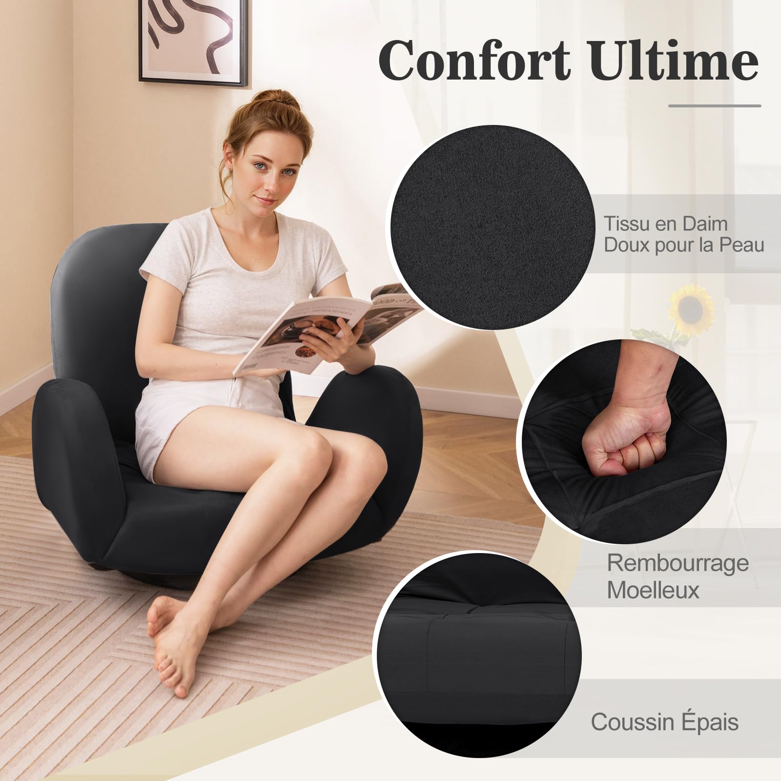 COSTWAY Chaise de Sol Pivotante, Chaise de Jeu Pliante avec Dossier et Accoudoirs Réglables, Fauteuil de Sol Inclinable, Fauteuil de Sol Pliant et Pivotant, pour TV, Lecture, Jeux Vidéo (Noir)